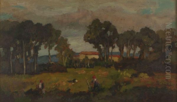 Paesaggio Boschivo Con Case Oil Painting by Luigi De Servi