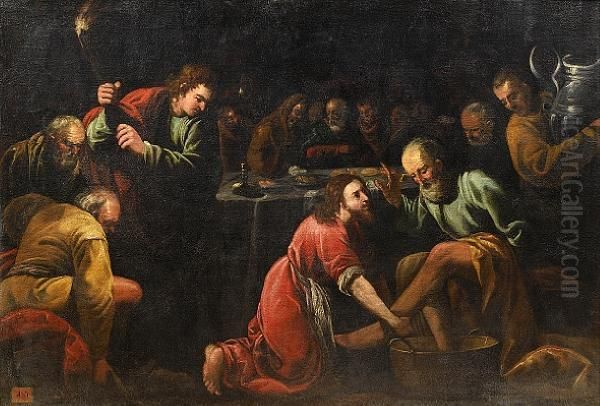 Christ Washing The Feet Of The Apostles Oil Painting by Juan De Sevilla Romero Y Escalante