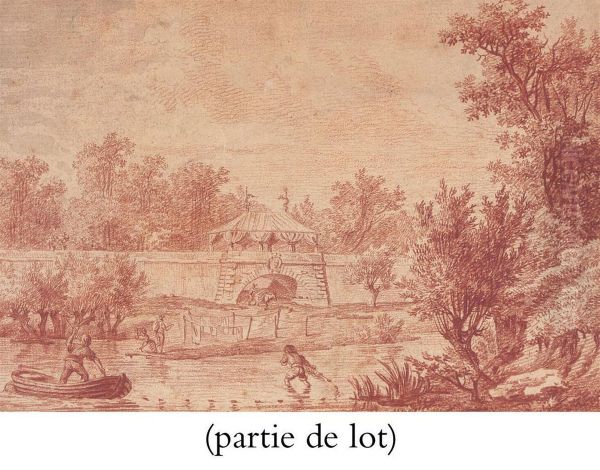 Paysage De Riviere, Un Mur Fortifie A L'arriere-plan Oil Painting by Nicolas-Charles De Silvestre