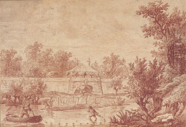 A River Landscape With A Boat, A Fortified Wall With An Archsurmounted By A Canopy In The Distance Oil Painting by Nicolas-Charles De Silvestre