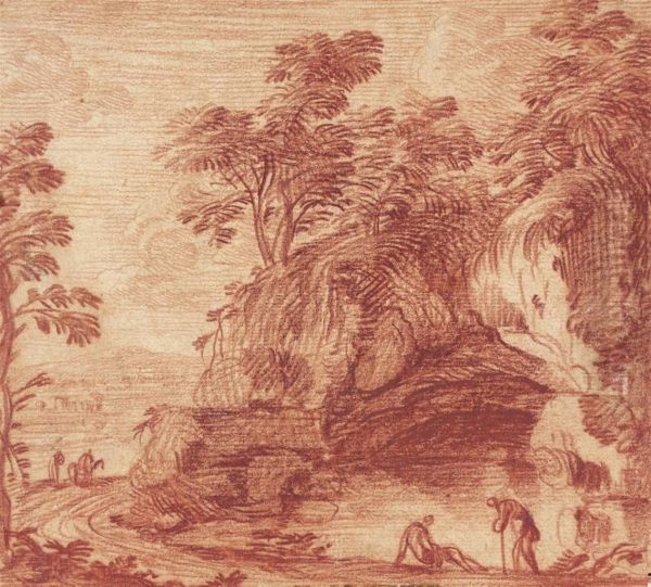 Figures By A Pool Below A Wooded Cliff by Nicolas-Charles De Silvestre