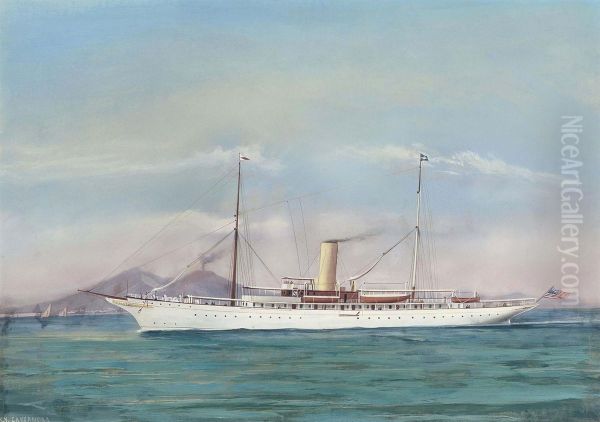 The American Steam Yacht 
Cassandra 
 Cruising In Mediterranean Waters Off Naples Inscribed 's.y. Cassandra' Oil Painting by Atributed To A. De Simone