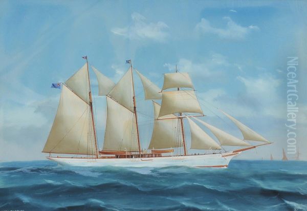 Ritrattodello Yacht A Tre Alberi Lady Torfrida A Vele Spiegate Oil Painting by Antonio de Simone