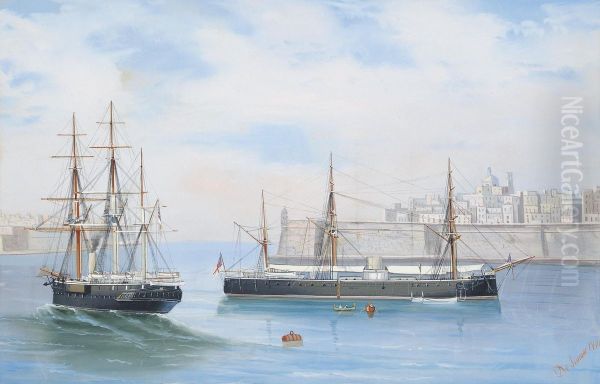 Two Royal Navy Ironclads Lying In Grand Harbour, Valetta, Malta Oil Painting by Antonio de Simone