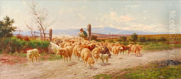 Sheepand Shepherd Boy In A Landscape Oil Painting by Alfredo De Simoni