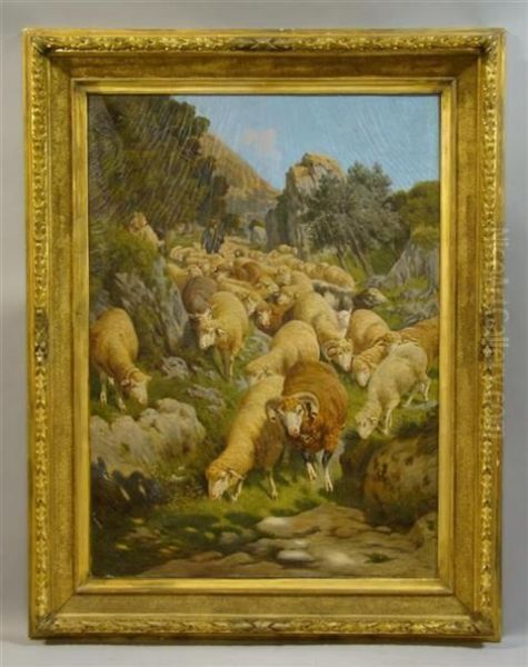 Sheep On A Hillside Oil Painting by Alfredo De Simoni