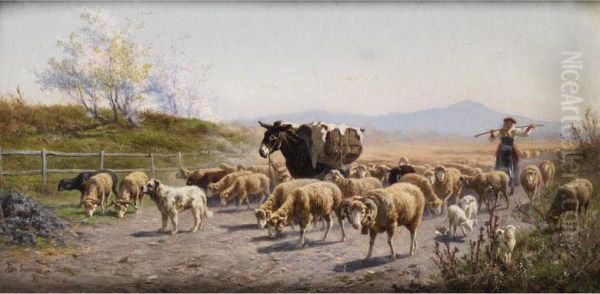 Hirtin Mit Schafherde Bei Der Heimkehraus Der Campagna Oil Painting by Alfredo De Simoni