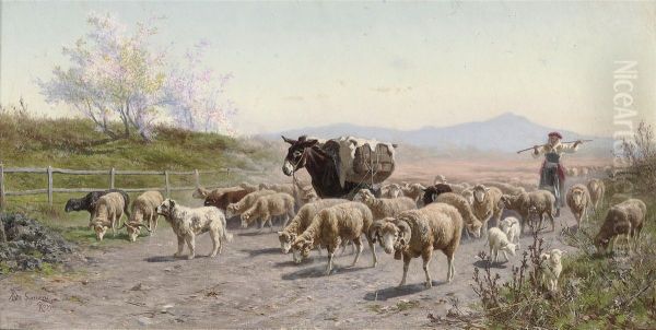 Herding Sheep Through The Roman Campagna Oil Painting by Alfredo De Simoni