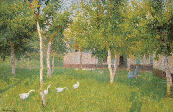 Oies Dans Un Jardin Avec Deux Enfants Oil Painting by Gustave De Smet