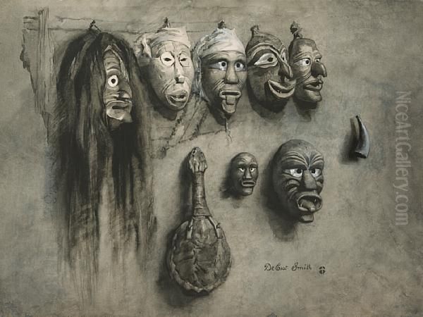 Iroquois Medicine Masks And Turtle Shell Rattle Oil Painting by De Cost Smith