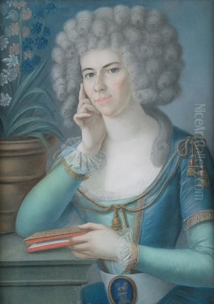 Portrait Of A Lady, Half-length, In A Green And Blue Dress, Seated On A Table Holding A Book Oil Painting by Jean-Francois De Sompsois