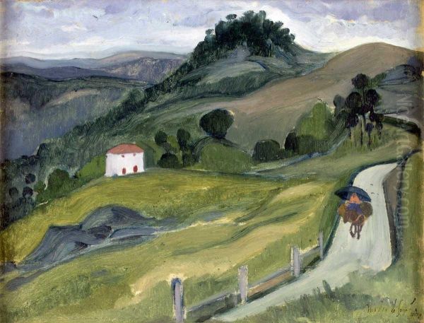 Paisagem Com Casa E Figura Montada Num Burro Oil Painting by Amadeo De Souza Cardoso