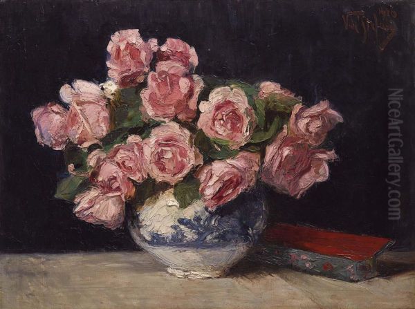 Vaso Di Rose Oil Painting by Vincenzo De Stefani