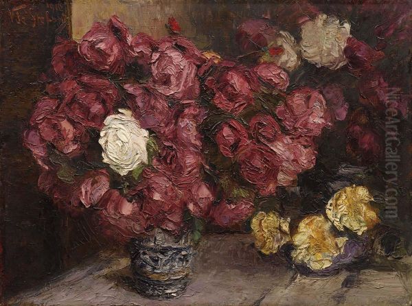 Vaso Di Rose Oil Painting by Vincenzo De Stefani