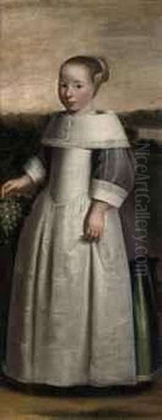 Portrait Of A Girl, Full-length, In A Grey, Green And White Dresswith A White Collar, Standing In A Landscape, Holding A Bunch Ofgrapes Oil Painting by Jan Jansz De Stomme