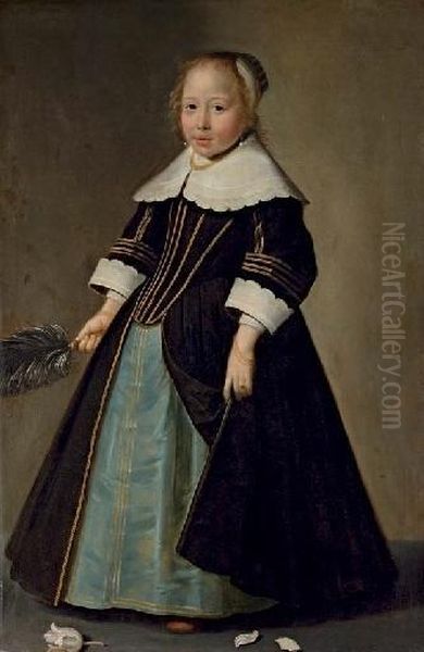 Portrait Of A Girl, Full-length, In A Blue And Black Dress With Gold Trimming, With White Lace Collar And Sleeves, Holding An Ostrich Feather Fan Oil Painting by Jan Jansz De Stomme