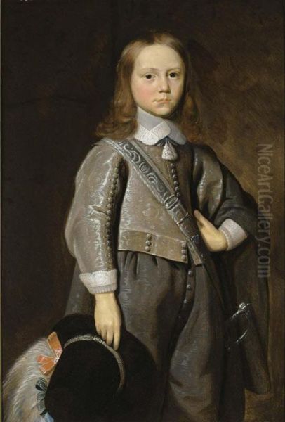 A Portrait Of A Boy, Standing Three- Quarter Length, Wearing A Grey Embroidered Suit And Holding A Hat With A Feather In His Right Hand Oil Painting by Jan Jansz De Stomme