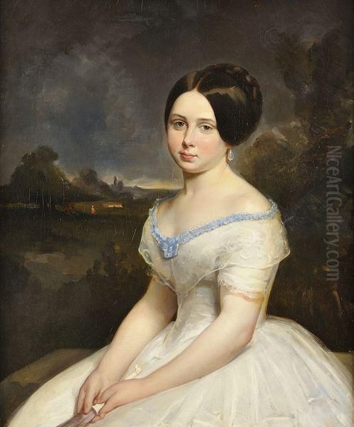 Portrait De Jeune Fille A La Robe Blanche Oil Painting by E De Tarade