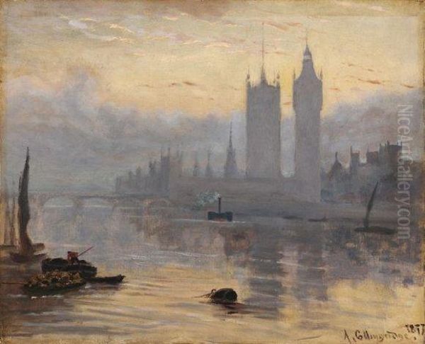 Les Bords De La Tamise, Vue Du Parlement Oil Painting by Arthur De Tourcey Collingridge