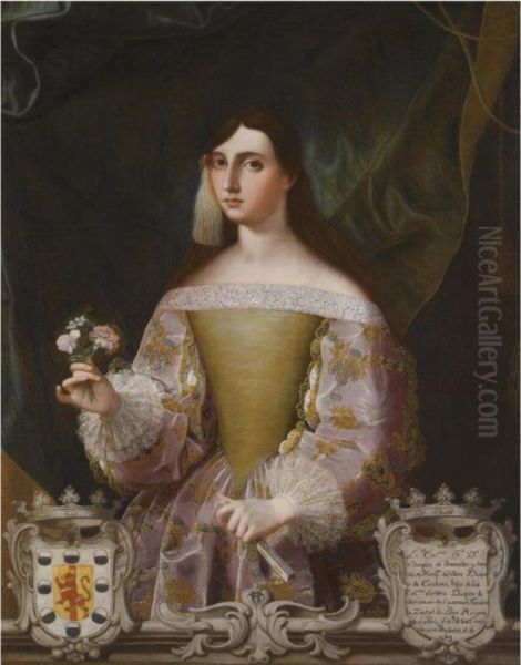 Portrait Of Dona Josefa De Benavides, Marquesa De Villena Y Duquesade Escalona (1662-1725), Holding A Small Bunch Of Flowers And Afan Oil Painting by Miguel Alonso De Tovar