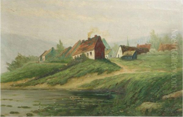 Hilly Landscape With Village Near The Water Oil Painting by Franz De Vadder