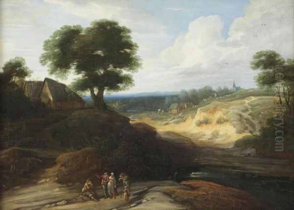 A Hilly Landscape With Figures Conversing On A Track, A Shepherdand His Cattle In The Distance Oil Painting by Lodewijk De Vadder