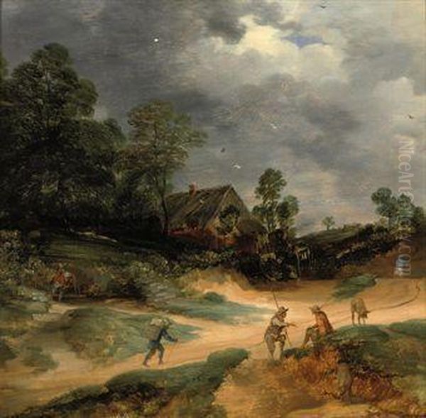 A Dune Landscape With Figures And Pigs On A Track Near Acottage Oil Painting by Lodewijk De Vadder