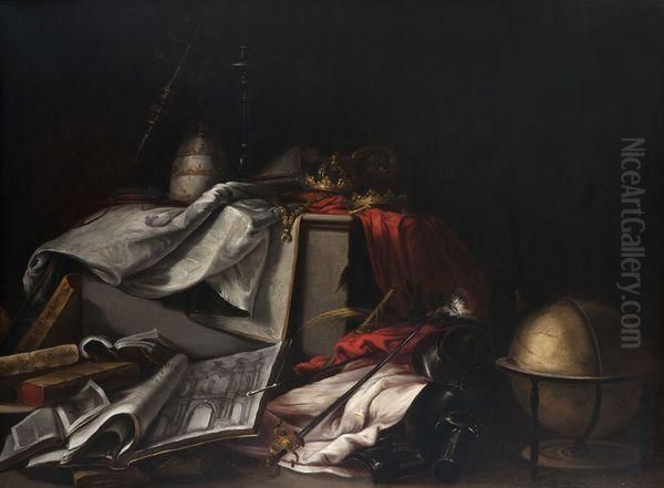 Nature Morte Aux Livres Et Aux Attributs Du Pouvoir Ecclesiastique Oil Painting by Juan De Valdes Leal