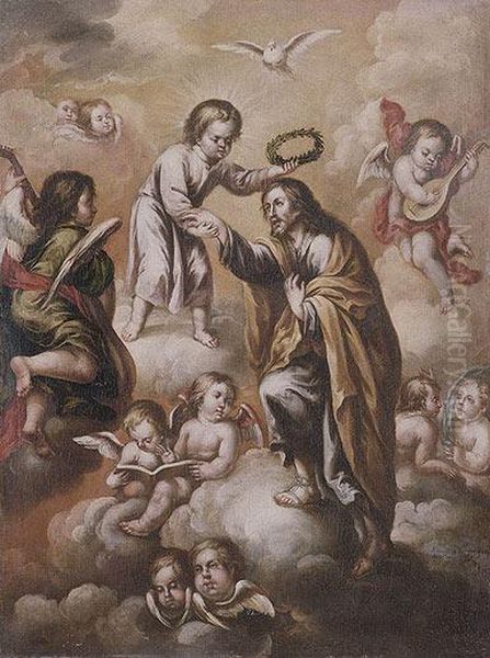 Jesus Coronando A San Jose Oil Painting by Lucas De Valdes