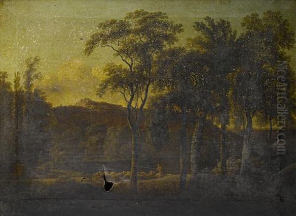 A Shepherd Grazing His Herd In An Italianate Landscape Oil Painting by Pierre-Henri de Valenciennes