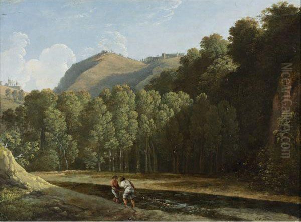 Italianate Wooded Landscape With Two Fishermen By A Stream Oil Painting by Pierre-Henri de Valenciennes