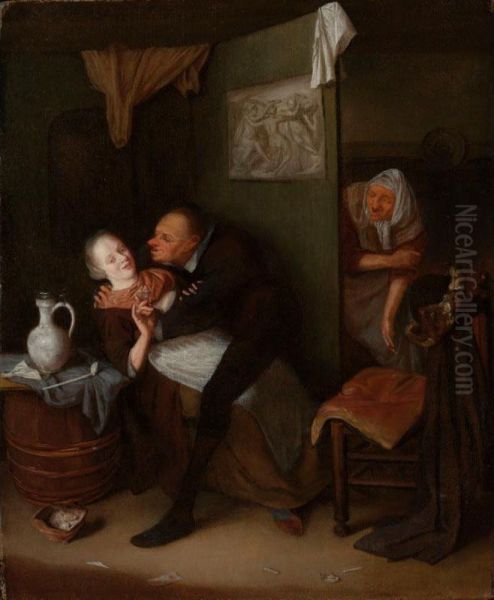 Sold By The J. Paul Getty Museum To Benefit Future Painting Acquisitions
 

 
 
 

 
 An Unequal Couple In An Inn, With An Old Woman Looking Around The Corner Oil Painting by Hendrik De Valk