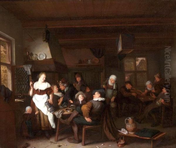 A Tavern Interior With A Merry Company Drinking And Smoking Oil Painting by Hendrik De Valk