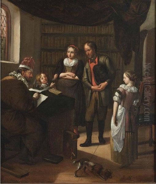 An Interior With A Family Before A Notary Making A Contract Oil Painting by Hendrik De Valk