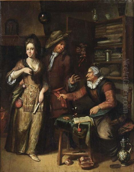 An Elegant Couple In An Interior With A Spinster At A Table Pointing At A Contract Oil Painting by Hendrik De Valk