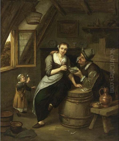 An Interior Scene With A Couple Eating Soup And A Child Near An Open Window Oil Painting by Hendrik De Valk