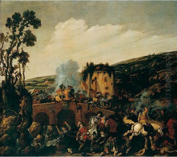 A Battle On A Roman Bridge; The Battle Of The Milvian Bridge (?) Oil Painting by Nicolaes Quade I De Van Ravesteyn