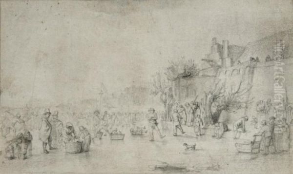 Patineurs Sur Une Riviere Gelee Oil Painting by Esaias Van De Velde