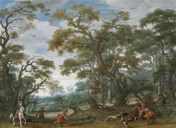 An Elegant Party Hunting Stag Oil Painting by Esaias Van De Velde