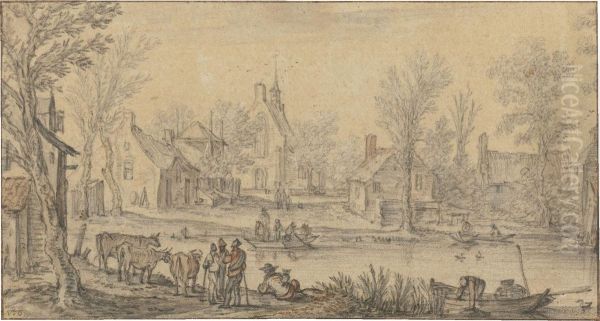 A Village On A River, Figures In The Foreground Oil Painting by Esaias Van De Velde