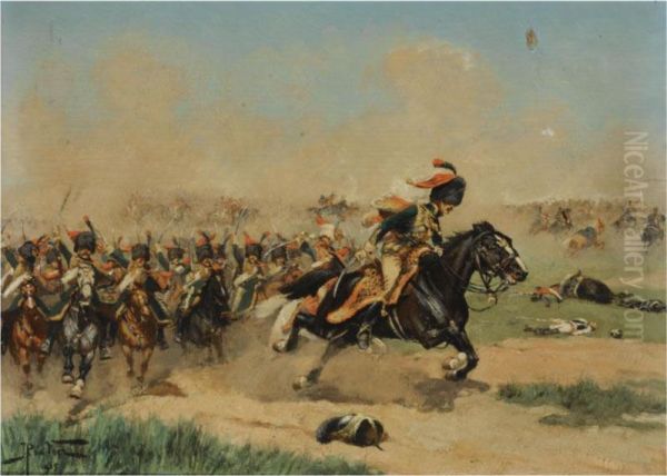 Une Charge, Chasseurs A Cheval De La Garde Et Hussards 9mm Regiment 1809 Oil Painting by Justus Pietrus De Veer