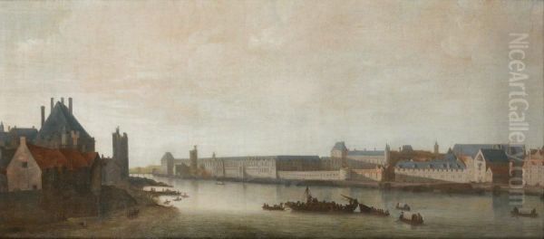 La Seine Vue Vers L'aval Depuis La Partie Sud Du Pont-neuf, Au Soleil Couchant Oil Painting by Abraham de Verwer