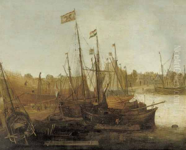 A Shipyard With Figures Building And Restoring Sailing Vessels Oil Painting by Abraham de Verwer