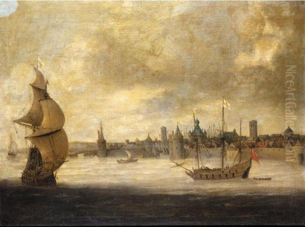 Capriccio View Of A Dutch Coastal Town With English Shipping Oil Painting by Abraham de Verwer