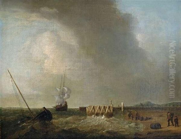 Clouded Coastal Landscape With Ships In Rough Sea. Oil Painting by Justus de Verwer