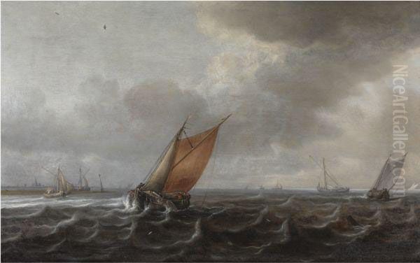 A River Estuary With Light Shipping In A Strong Breeze Oil Painting by Justus de Verwer