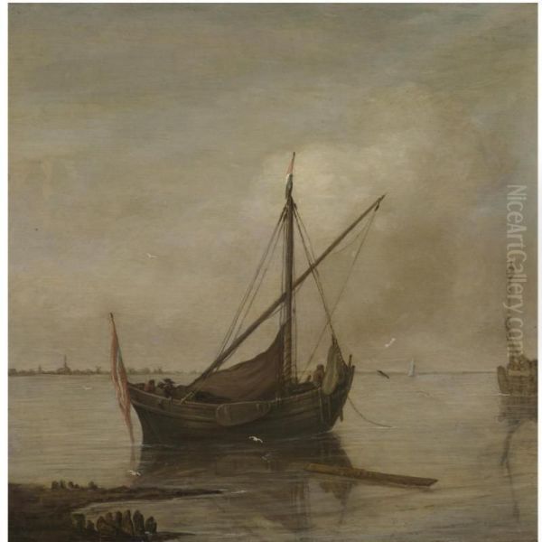 A Smalschip Moored Off The Dutch Coast, Possibly The Hollandschdiep And Willemstad Oil Painting by Justus de Verwer