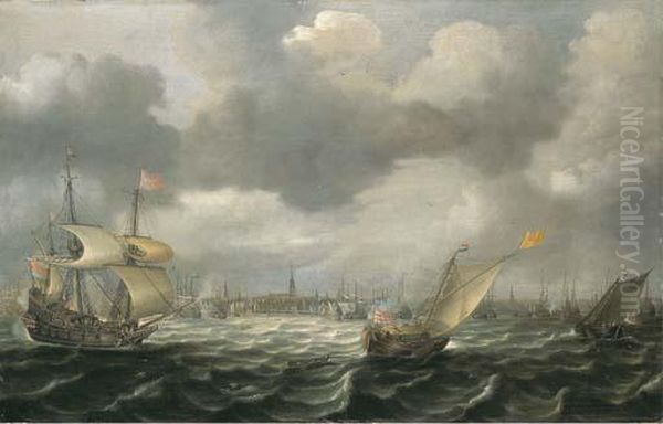 Bateaux Devant Le Port D'amsterdam Oil Painting by Justus de Verwer