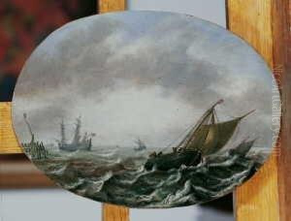 Segelschiffe Auf Bewegter See In Kustennahe. Oil Painting by Justus de Verwer