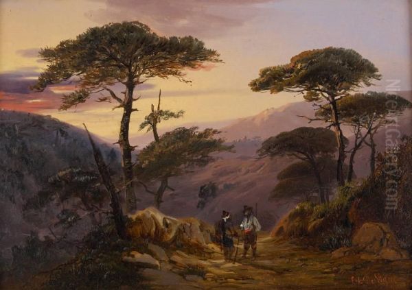 Bergers Conversant Au Coucher Du Soleil Dans Un Paysage Italian Oil Painting by Edouard De Vigne